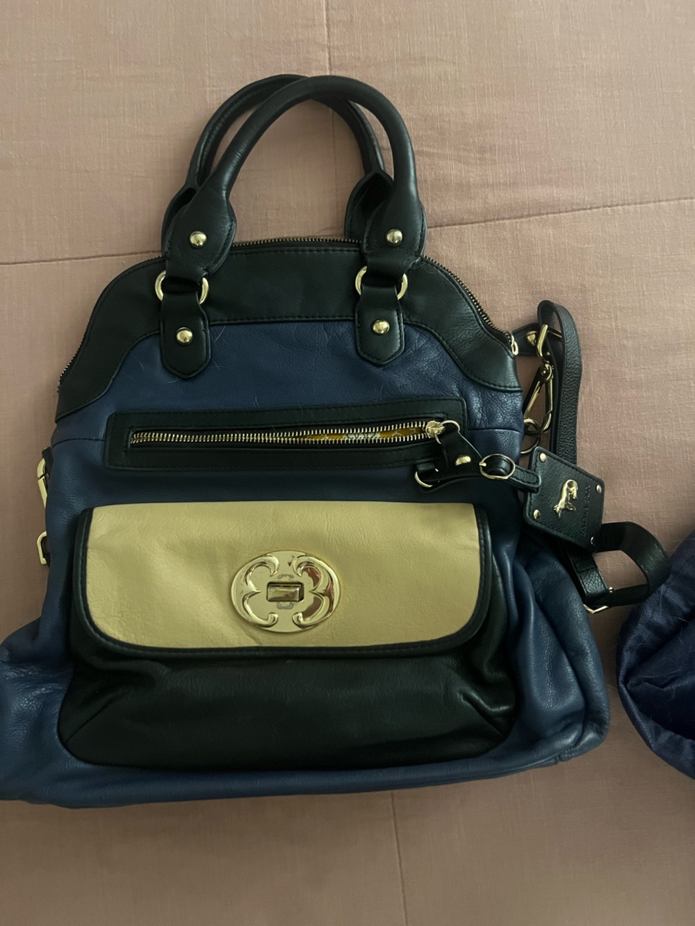 Ema Fox Blue and Cream Women’s Leather Tote Bag with Gold Hardware